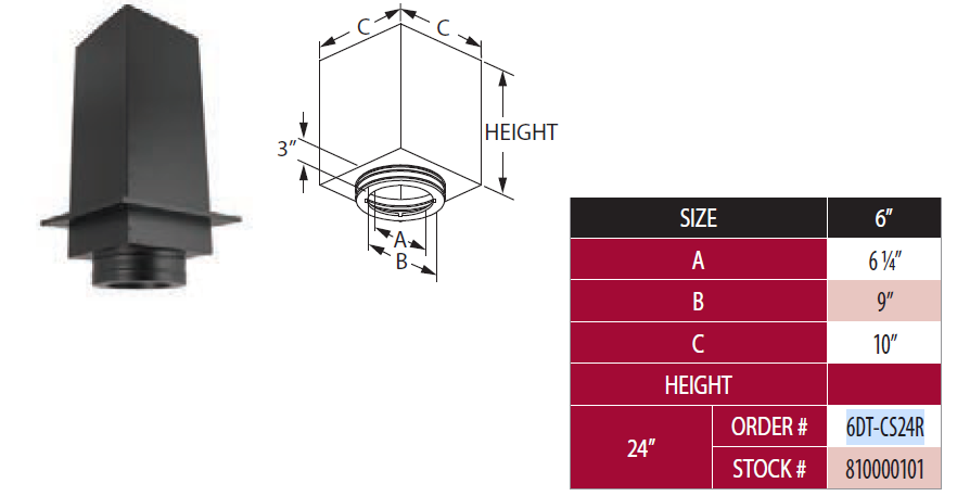 Duravent 6" Diameter 24" DuraTech Reduced Clearance Square Ceiling Support Box - Chimney Cricket