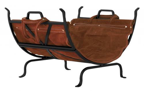 Black Wrought Iron Log Holder With Leather Carrier