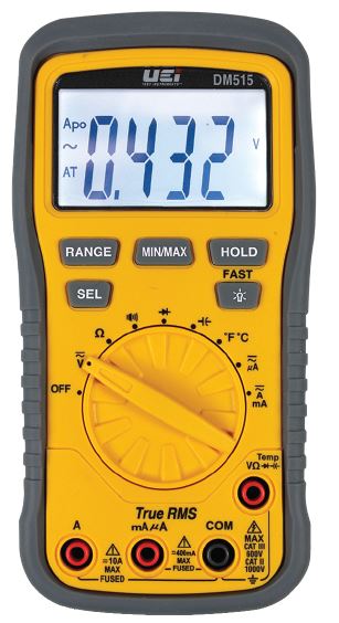 Multimeter, Digital, for HVAC w/True RMS & Temperature Probe, 1000V AC/DC, 10A, includes Protective Boot, Test Leads & Case, UEI Test, DM515 ** - Chimney Cricket