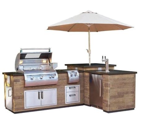 FM IL660 French Barrel Oak L- Shaped Reclaimed Wood Island with Refrigerator Cut-Out - IL660FOR116BA ** - Chimney Cricket