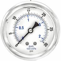 Pressure Gauge, Liquid Filled, 0-30 PSI, 1/4" Bottom Mount, w/ 2-1/2" Dial, 202L-254C - Chimney Cricket