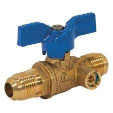 Valve, 5/8" Flare X 5/8" Flare Ball Valve w/ Side Tap, Blue Cap Handle, Jomar, T203 Series, 102-404 - Chimney Cricket