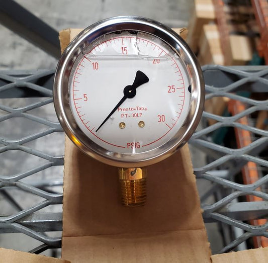 Presto-Tap 0-30 PSI Gauge Only, 1/4" Bottom Mount, Liquid Filled, PT-30LP Gauge, 30#WET, PT30LP - Chimney Cricket